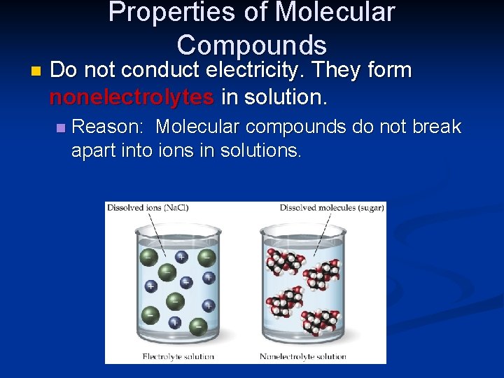 Properties of Molecular Compounds n Do not conduct electricity. They form nonelectrolytes in solution.