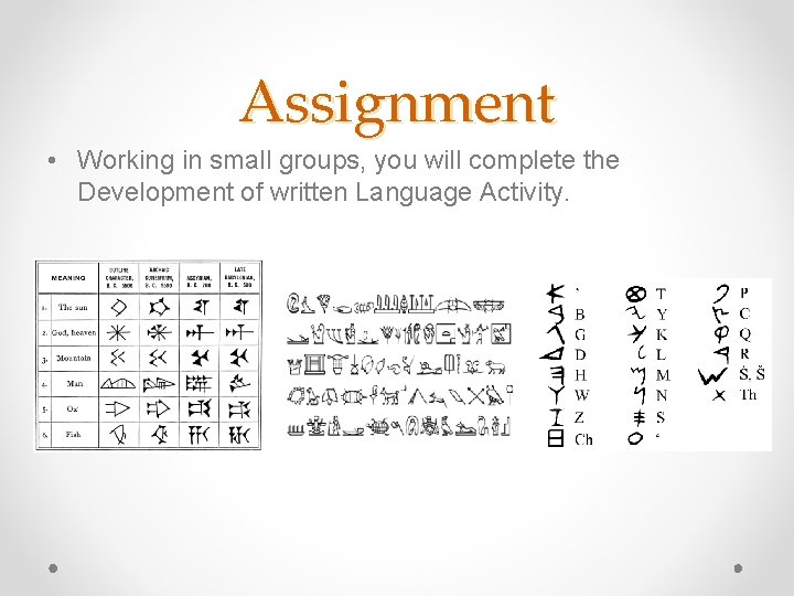 Assignment • Working in small groups, you will complete the Development of written Language