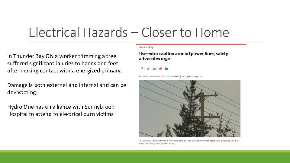 Electrical Hazards – Closer to Home In Thunder Bay ON a worker trimming a