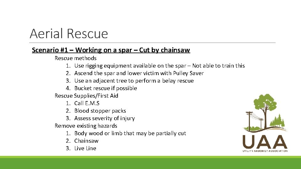 Aerial Rescue Scenario #1 – Working on a spar – Cut by chainsaw Rescue