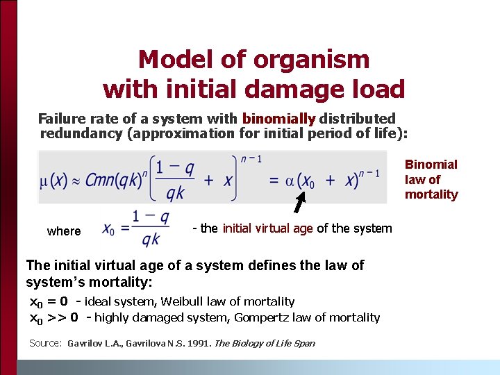 Model of organism with initial damage load Failure rate of a system with binomially