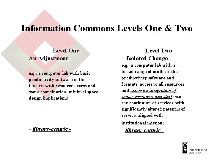 Information Commons Levels One & Two Level One An Adjustment e. g. , a