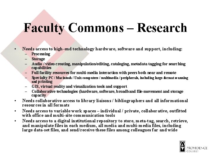 Faculty Commons – Research • Needs access to high-end technology hardware, software and support,