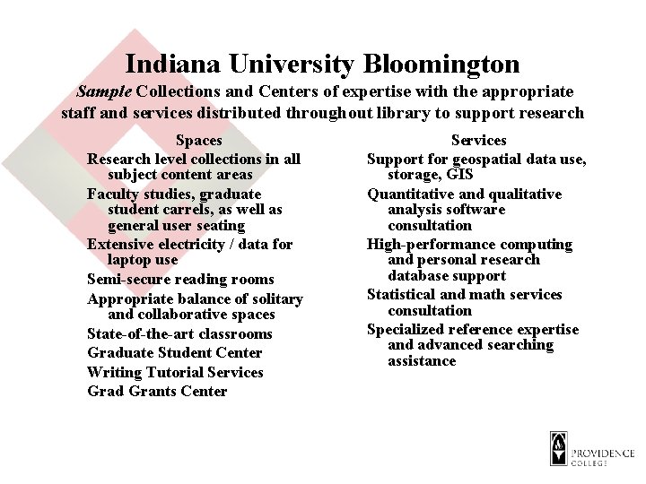 Indiana University Bloomington Sample Collections and Centers of expertise with the appropriate staff and