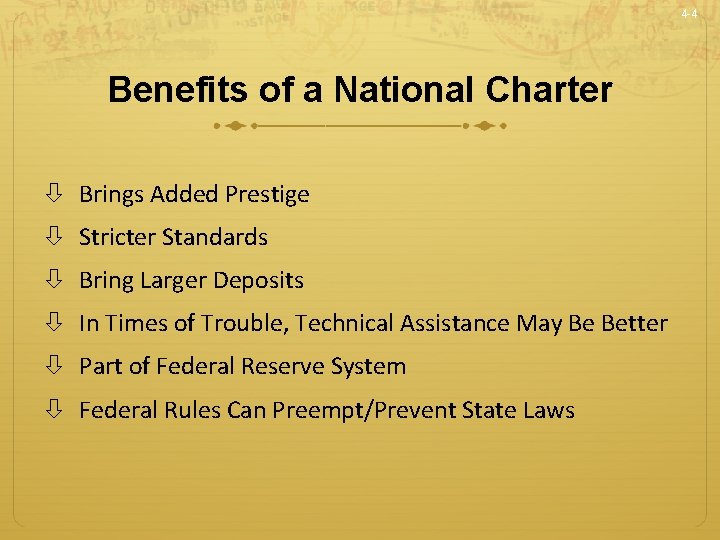 4 -4 Benefits of a National Charter Brings Added Prestige Stricter Standards Bring Larger
