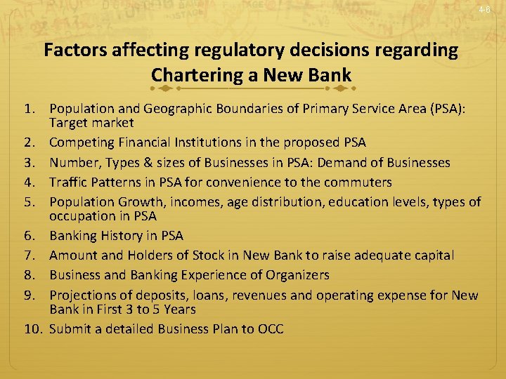 4 -6 Factors affecting regulatory decisions regarding Chartering a New Bank 1. Population and