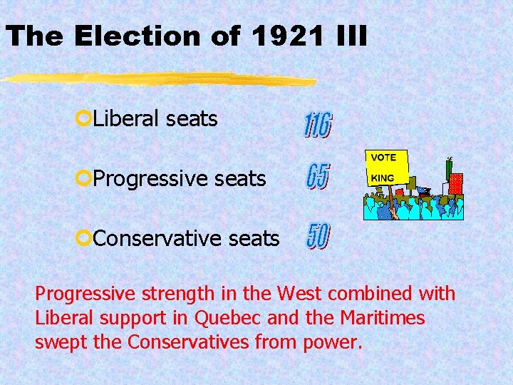 The Election of 1921 III ¢Liberal seats ¢Progressive seats ¢Conservative seats Progressive strength in