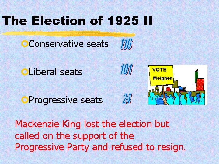 The Election of 1925 II ¢Conservative seats ¢Liberal seats ¢Progressive seats Mackenzie King lost