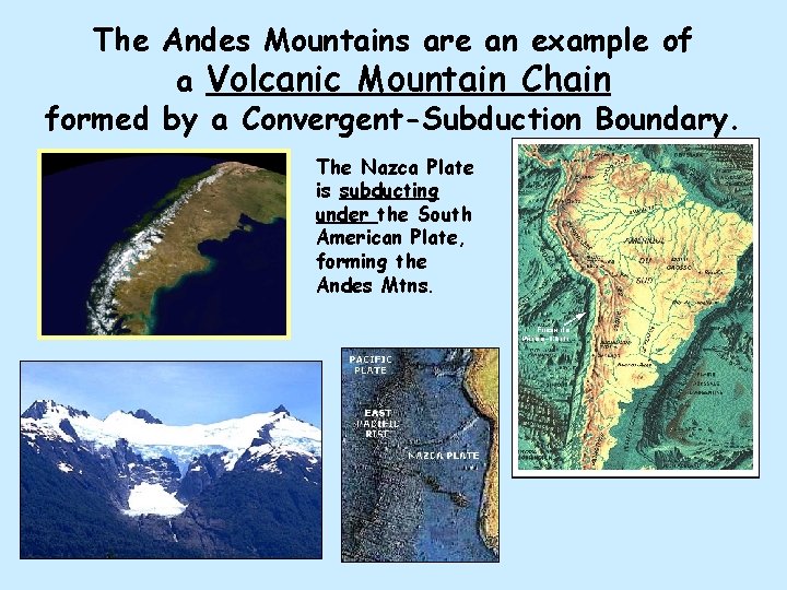 The Andes Mountains are an example of a Volcanic Mountain Chain formed by a