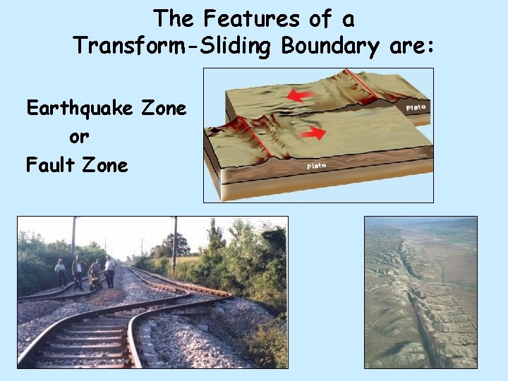 The Features of a Transform-Sliding Boundary are: Earthquake Zone or Fault Zone The Features of a Transform-Sliding Boundary are: Earthquake Zone or Fault Zone