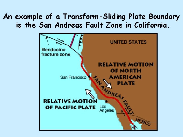 An example of a Transform-Sliding Plate Boundary is the San Andreas Fault Zone in An example of a Transform-Sliding Plate Boundary is the San Andreas Fault Zone in
