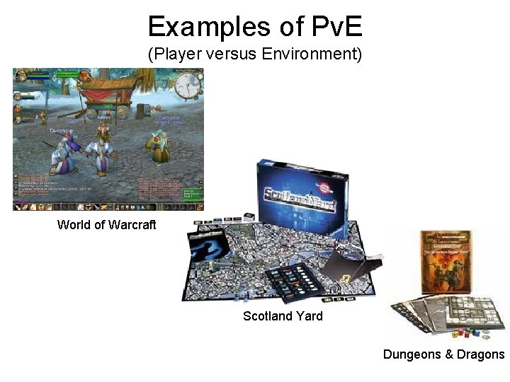 Examples of Pv. E (Player versus Environment) World of Warcraft Scotland Yard Dungeons &