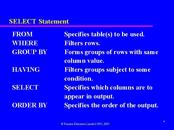 SELECT Statement FROM WHERE GROUP BY HAVING SELECT ORDER BY Specifies table(s) to be