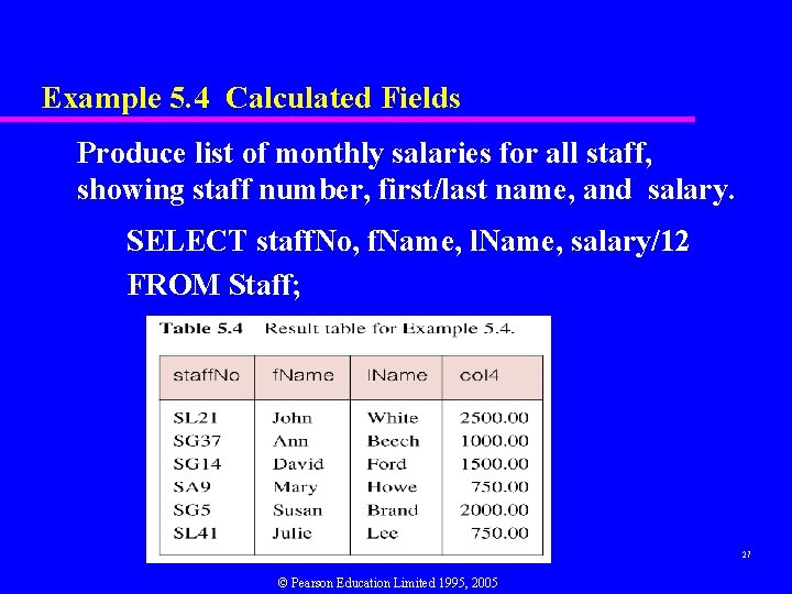 Example 5. 4 Calculated Fields Produce list of monthly salaries for all staff, showing