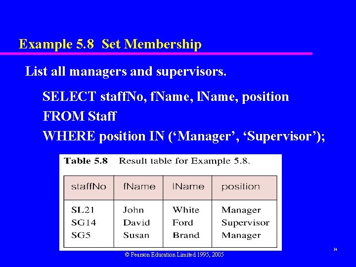 Example 5. 8 Set Membership List all managers and supervisors. SELECT staff. No, f.