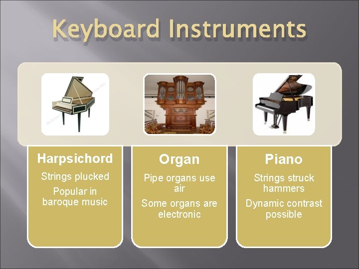 Keyboard Instruments Harpsichord Organ Piano Strings plucked Popular in baroque music Pipe organs use