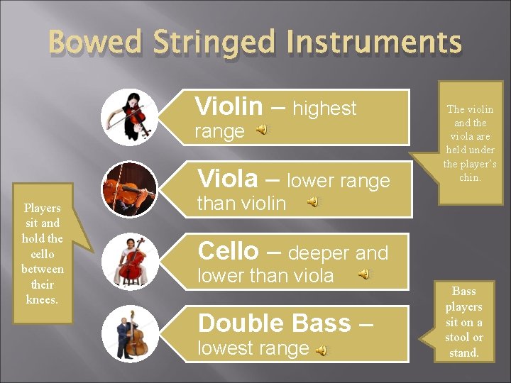 Bowed Stringed Instruments Violin – highest range Viola – lower range Players sit and
