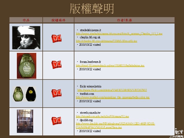 版權聲明 作品 授權條件 作者/來源 • stradedelcinema. it http: //www. stradedelcinema. it/concorsi/foto/A_woman_Chaplin_115_l. jpg • chaplin.