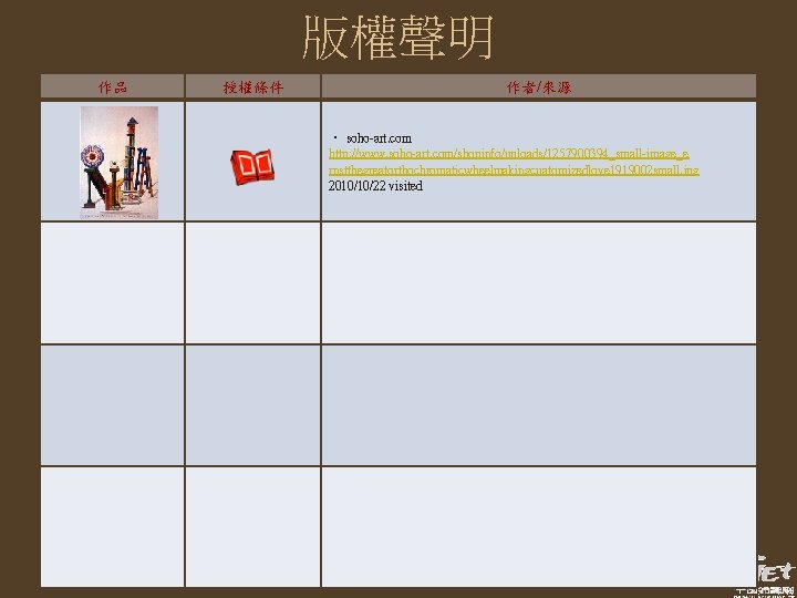 版權聲明 作品 授權條件 作者/來源 • soho-art. com http: //www. soho-art. com/shopinfo/uploads/1257900394_small-image_e rnstthegreatorthochromaticwheelmakingcuatomizedlove 1919002 small.