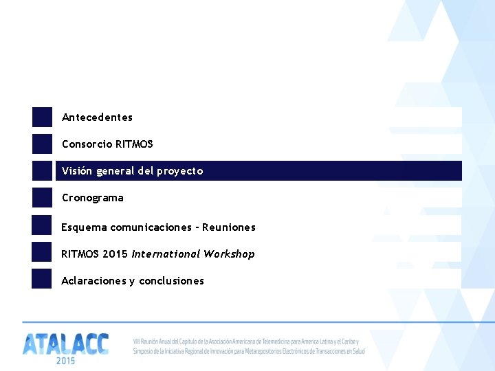 Antecedentes Consorcio RITMOS Visión general del proyecto Cronograma Esquema comunicaciones - Reuniones RITMOS 2015