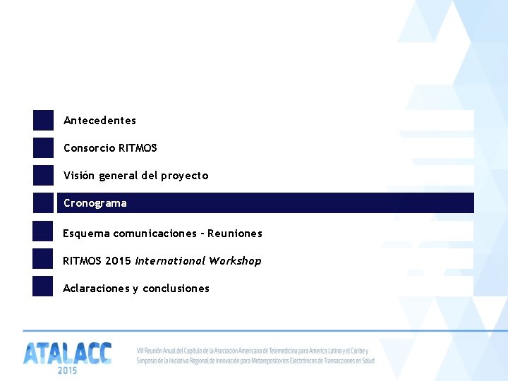 Antecedentes Consorcio RITMOS Visión general del proyecto Cronograma Esquema comunicaciones - Reuniones RITMOS 2015