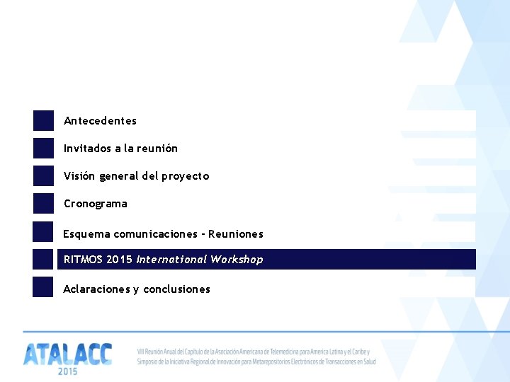 Antecedentes Invitados a la reunión Visión general del proyecto Cronograma Esquema comunicaciones - Reuniones