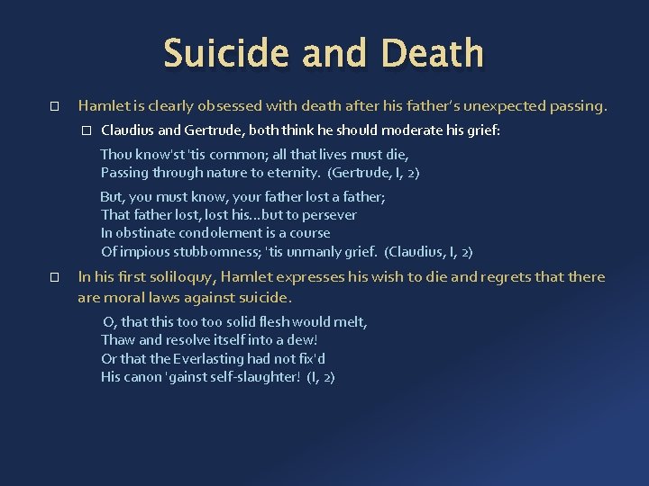 Suicide and Death � Hamlet is clearly obsessed with death after his father’s unexpected