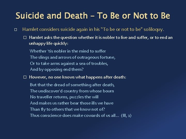 Suicide and Death – To Be or Not to Be � Hamlet considers suicide
