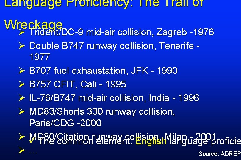 Language Proficiency: The Trail of Wreckage Ø Trident/DC-9 mid-air collision, Zagreb -1976 Ø Double