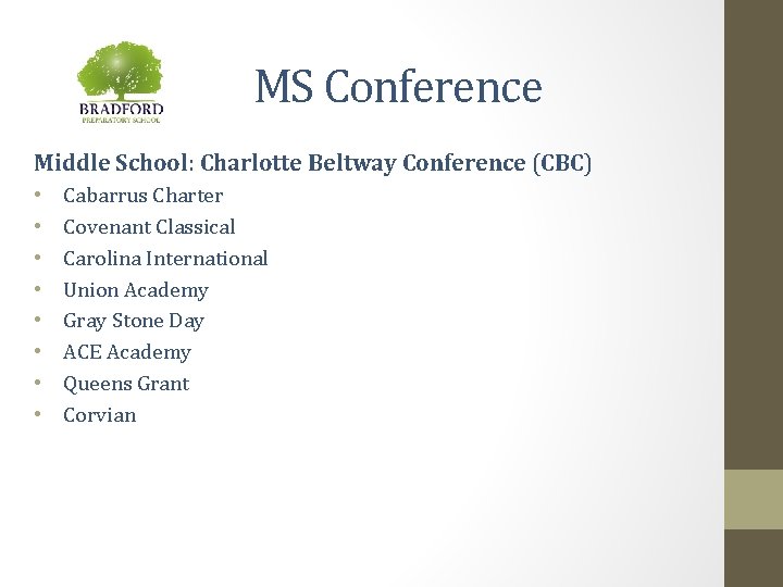 MS Conference Middle School: Charlotte Beltway Conference (CBC) • • Cabarrus Charter Covenant Classical