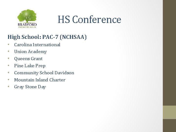 HS Conference High School: PAC-7 (NCHSAA) • • Carolina International Union Academy Queens Grant