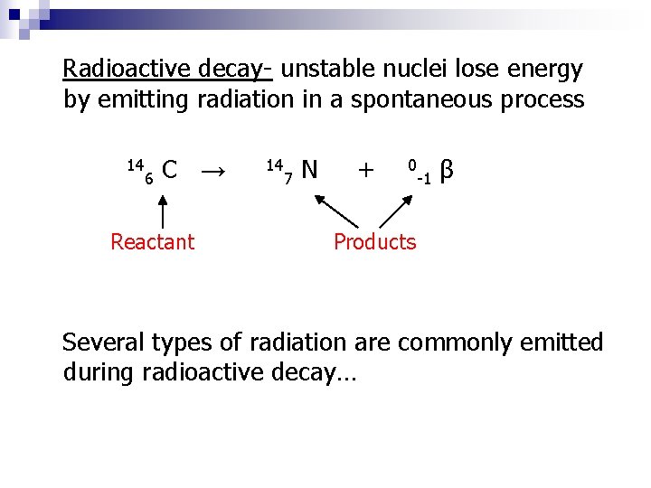 Radioactive decay- unstable nuclei lose energy by emitting radiation in a spontaneous process 14 Radioactive decay- unstable nuclei lose energy by emitting radiation in a spontaneous process 14