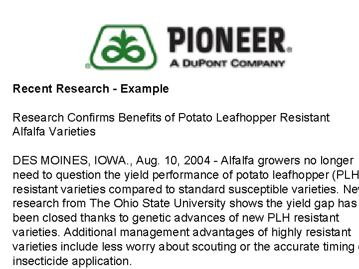 Recent Research - Example Research Confirms Benefits of Potato Leafhopper Resistant Alfalfa Varieties DES
