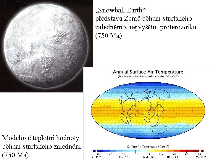 „Snowball Earth“ – představa Země během sturtského zalednění v nejvyšším proterozoiku (750 Ma) Modelové