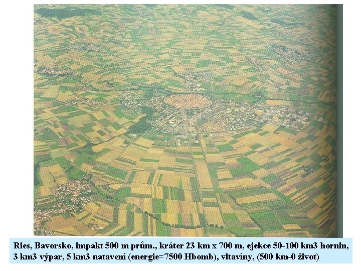 Ries, Bavorsko, impakt 500 m prům. , kráter 23 km x 700 m, ejekce