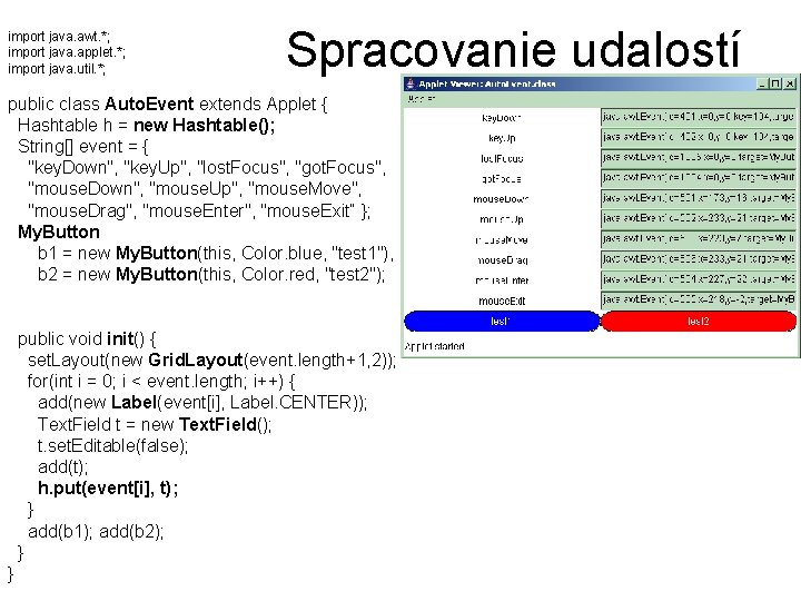 import java. awt. *; import java. applet. *; import java. util. *; Spracovanie udalostí