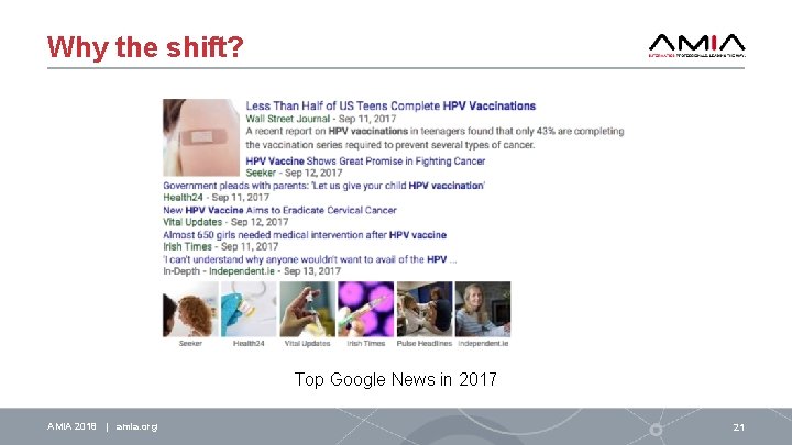 Why the shift? Top Google News in 2017 AMIA 2018 | amia. org 21