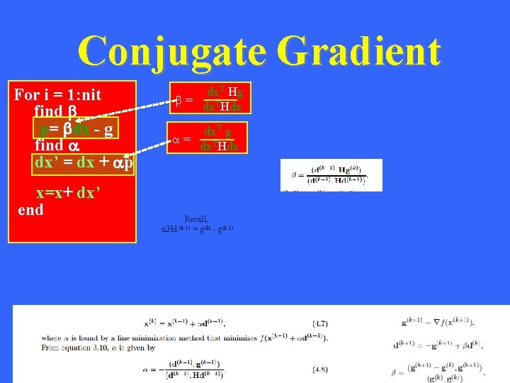 Conjugate Gradient For i = 1: nit find b p= bdx - g find