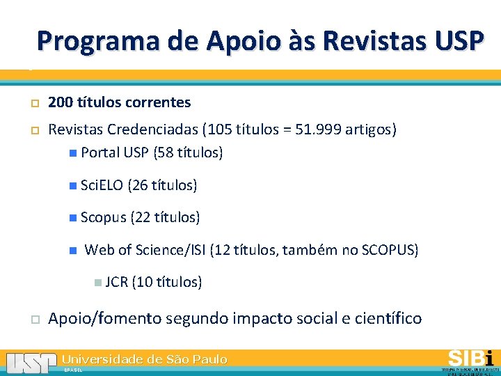 Programa de Apoio às Revistas USP 200 títulos correntes Revistas Credenciadas (105 títulos =