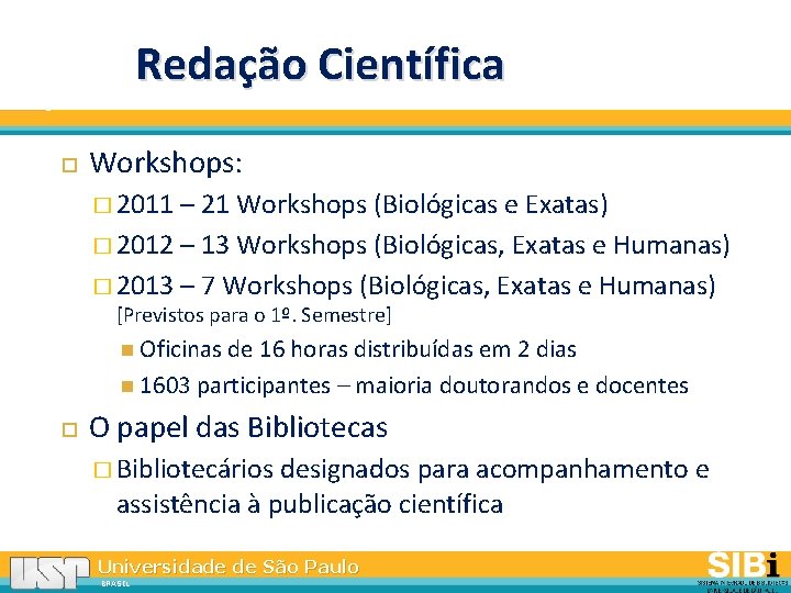 Redação Científica Workshops: � 2011 – 21 Workshops (Biológicas e Exatas) � 2012 –