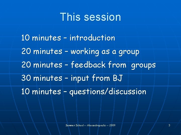 This session 10 minutes – introduction 20 minutes – working as a group 20