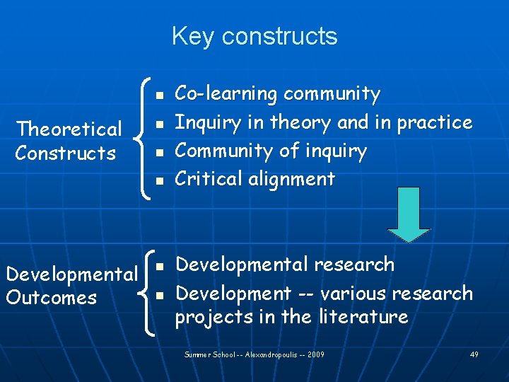 Key constructs n Theoretical Constructs n n n Developmental Outcomes n n Co-learning community