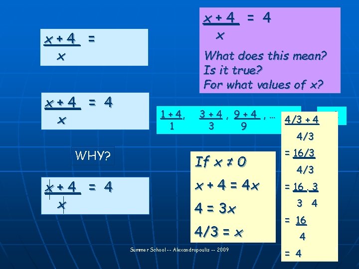 x+4 = 4 x WHY? x+4 = 4 x What does this mean? Is