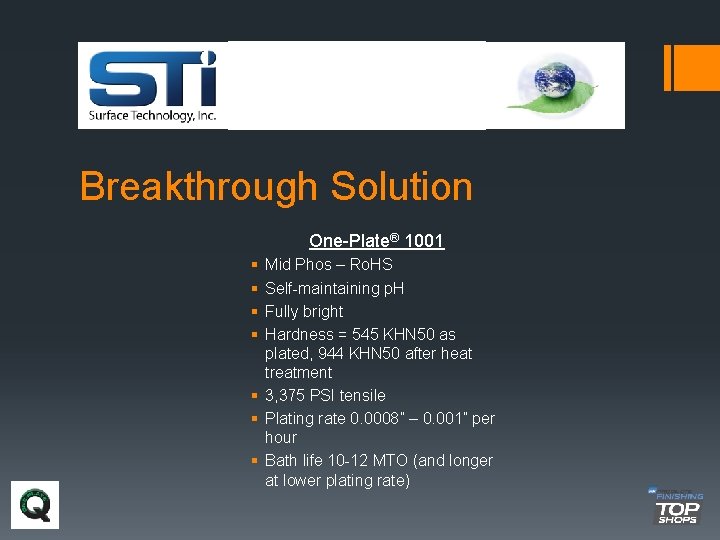 Breakthrough Solution One-Plate® 1001 § § Mid Phos – Ro. HS Self-maintaining p. H