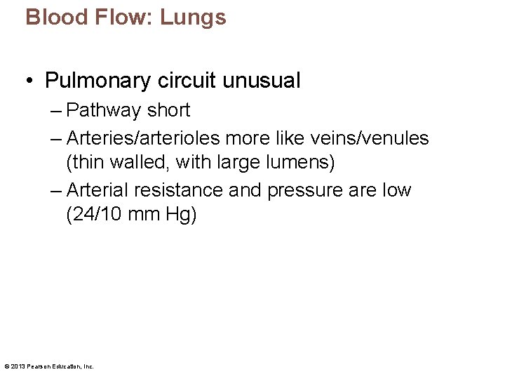 Blood Flow: Lungs • Pulmonary circuit unusual – Pathway short – Arteries/arterioles more like