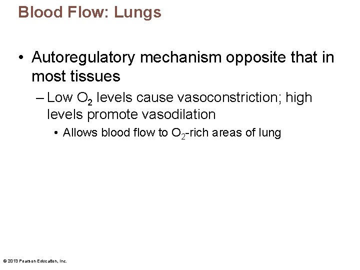 Blood Flow: Lungs • Autoregulatory mechanism opposite that in most tissues – Low O