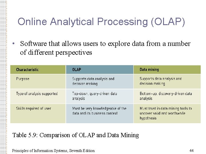 Online Analytical Processing (OLAP) • Software that allows users to explore data from a