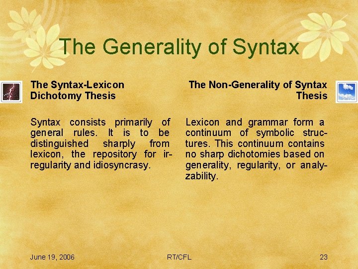 The Generality of Syntax The Syntax-Lexicon Dichotomy Thesis The Non-Generality of Syntax Thesis Syntax