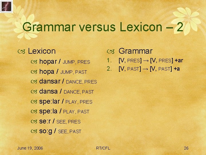 Grammar versus Lexicon – 2 Lexicon Grammar hopar / JUMP, PRES hopa / JUMP,