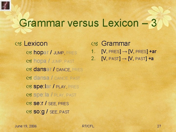 Grammar versus Lexicon – 3 Lexicon Grammar hopar / JUMP, PRES hopa / JUMP,